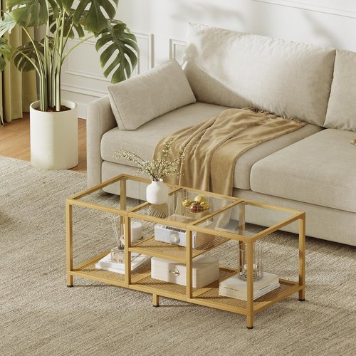 JARHETUN Glass Coffee Table, Coffee Tables for Living Room, Small Center Table, Modern Coffee Table with Open Storge&Metal Frame, Rectangular Coffee Tables for Small Space, Home Office, Gold