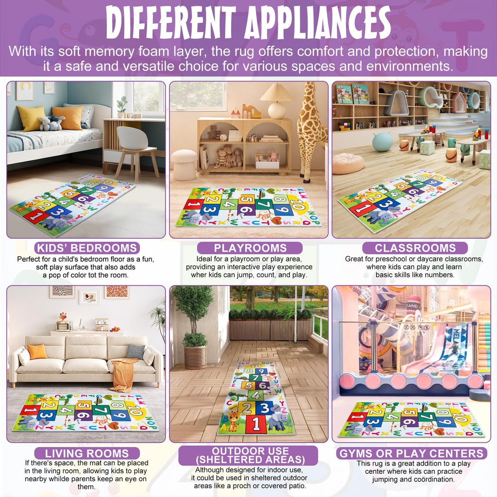 OVALLEY Hopscotch Rug for Kids, Soft & Fun Zoo Animals Hopscotch Play Mat, ABC Classroom Learning Mat, Small Kids Rug for Playroom, Non-Slip Educational Carpet for Kids Room or Classroom