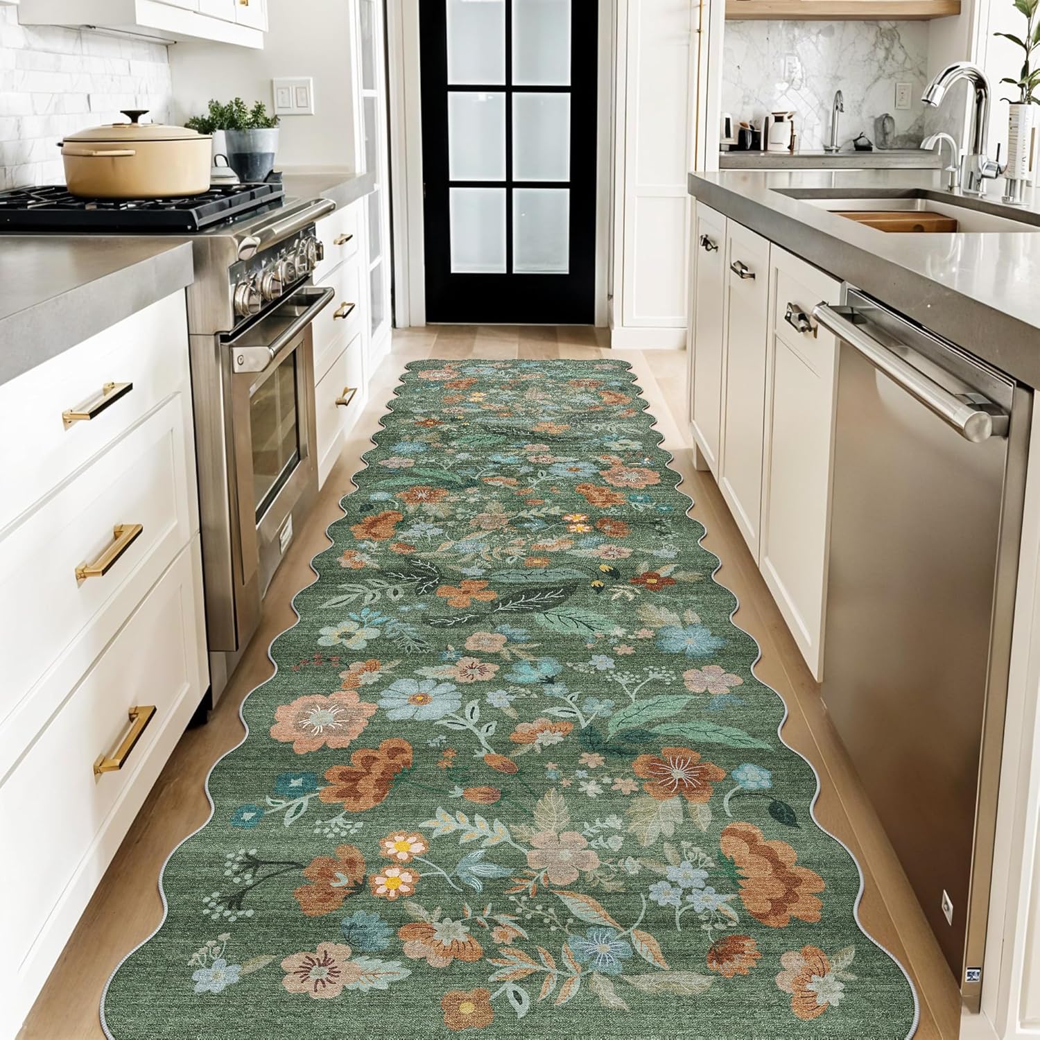 Skiennix Washable Hallway Runner Rug - Floral Scalloped Design | Non-Slip, Water-Resistant, Lightweight (3x10 Green)