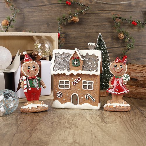Lulu Home Christmas Tabletop Decorations, Resin Gingerbread House and 2 Gingerbread Men Figurines Adorn with Candy Cane Wreath for Indoor Holiday Fireplace Shelf Ornaments Display