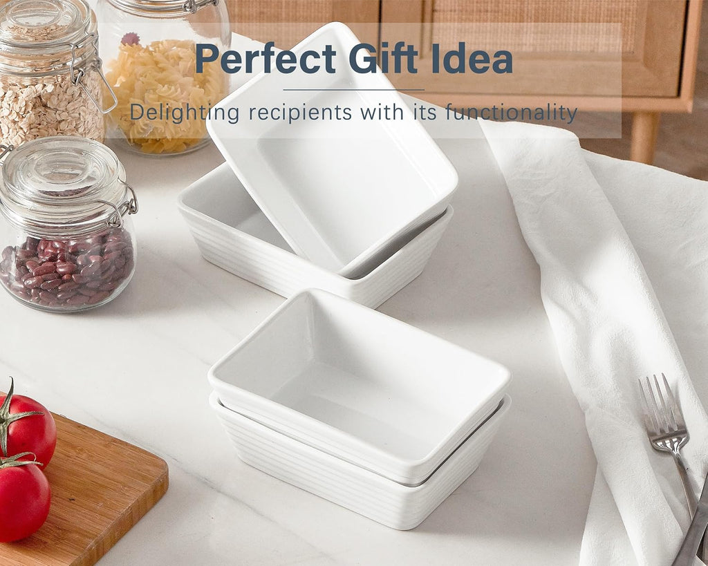 ONEMORE Small Baking Dish - Rectangle Ceramic Casserole for Oven | Set of 4, 5x7, White, Ideal for 1-2 Persons