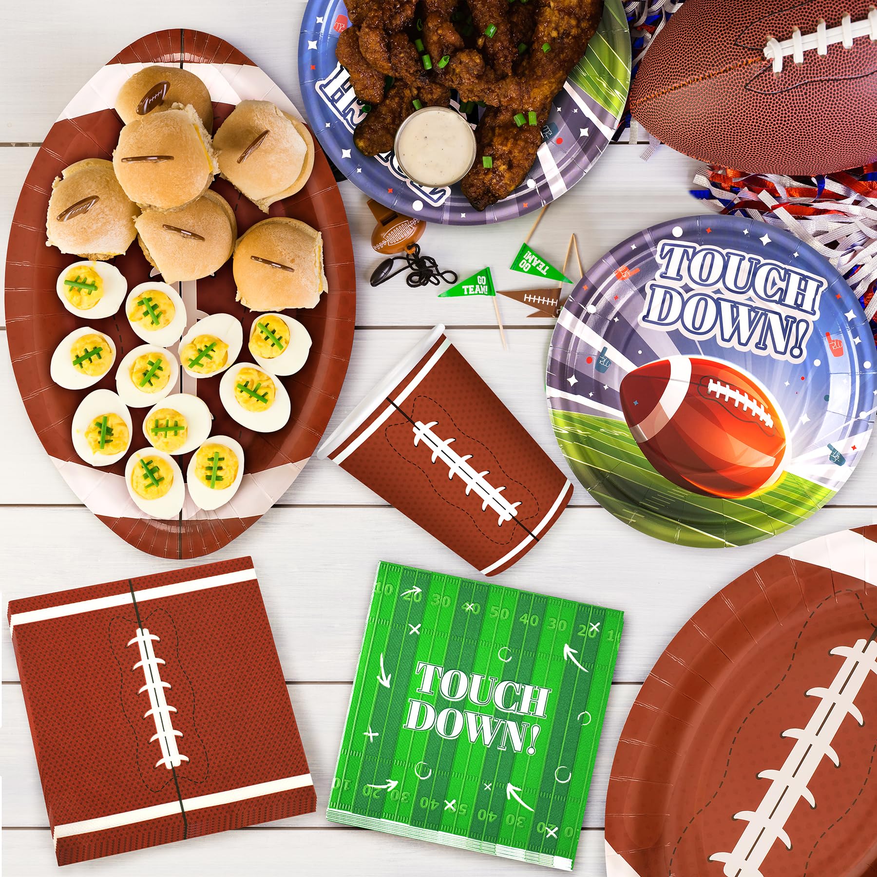 99PCS Football Party Tableware Supplies,Set of 24 Football Plates Napkins Cups,11.8in Football Shaped Disposable Paper Plates,Banner and Touchdown Tablecloth for Birthday Gameday Tailgate Decoration