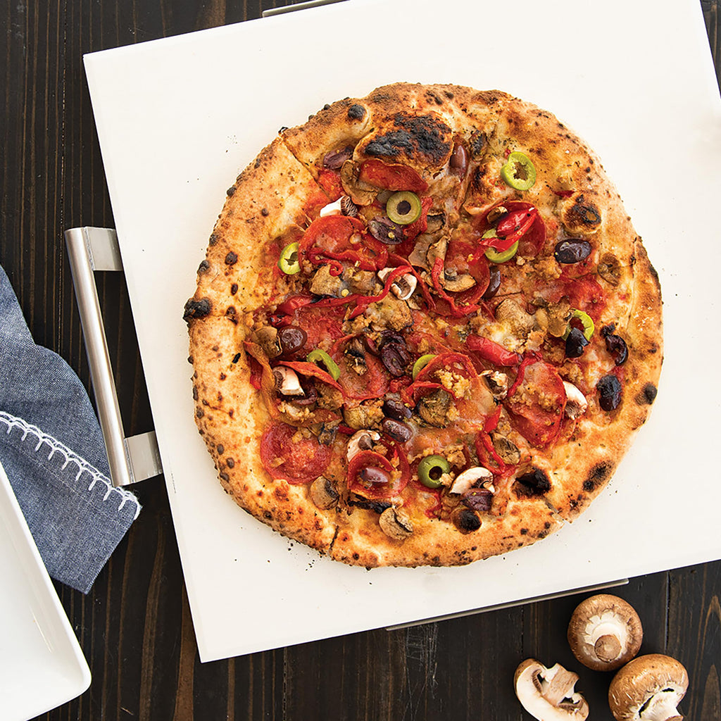 Nordic Ware 14-Inch Square Pizza and Baking Stone, Oven Safe and Grill Safe Cordierite with Stainless Holder