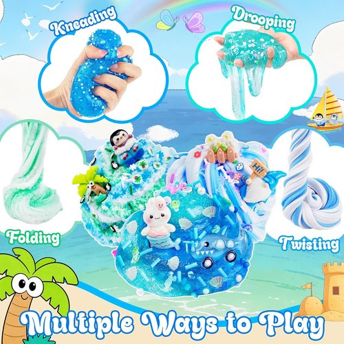 LAWOHO Blue Ocean Slime Kits - 6 Pack Non-Stick Butter Cloud Slime for Ages 8-12 | Perfect Birthday & Holiday Gifts