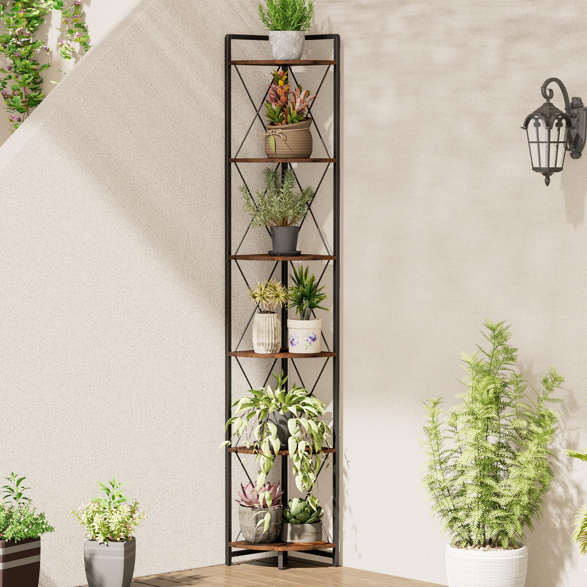 Cerlyunzan 6 Tier Corner Shelf Stand, 78" H Tall Industrial Corner Bookshelf for Living Room Decor, Metal Corner Shelf, Plant Stand Display Shelf for Bedroom, Bathroom, Small Space, Rustic Brown