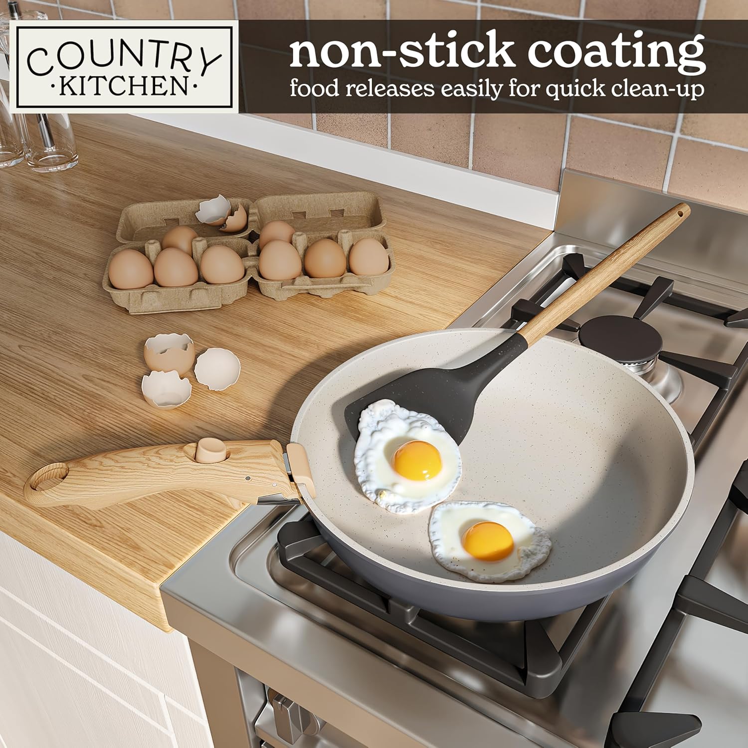 Country Kitchen Cookware Set - Removable Handle, Oven & RV Safe Pots and Pans, Grey/Ivory Wood Handle