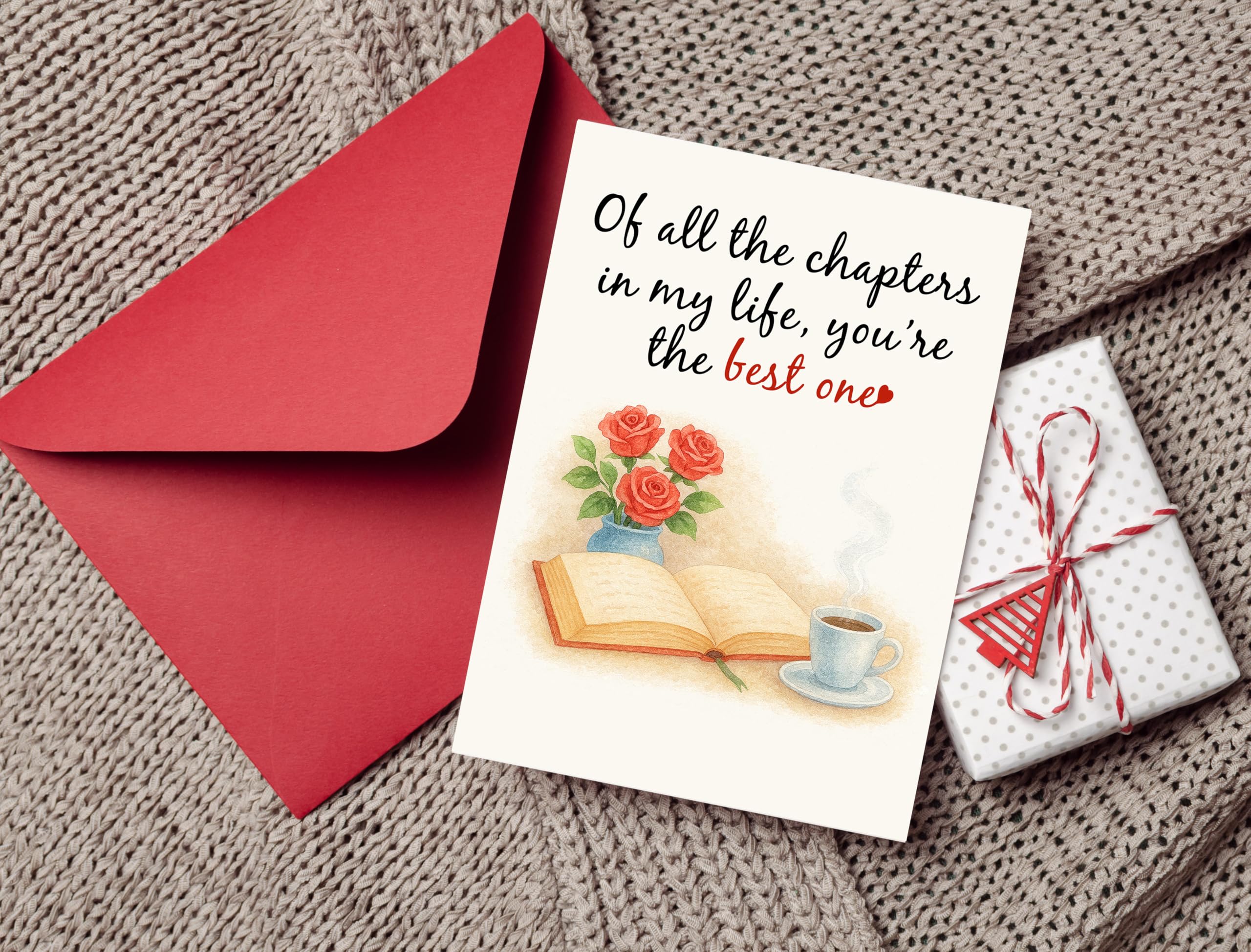 Anniversary Card – Romantic Greeting Card with Roses, Book & Coffee Design – 5x7 Inch Folded Card with Envelope & Sticker – Love Card for Husband, Wife, or Couple – Valentines Day or Wedding Anniversary
