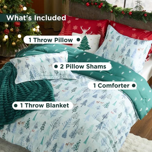 Bedsure Christmas King Comforter Set - 5 Pieces Christmas Bedding Set, King Bed in a Bag with 1 Soft Green Tree Reversible Comforter, 2 Pillow Shams, 1 Throw Blanket and 1 Decorative