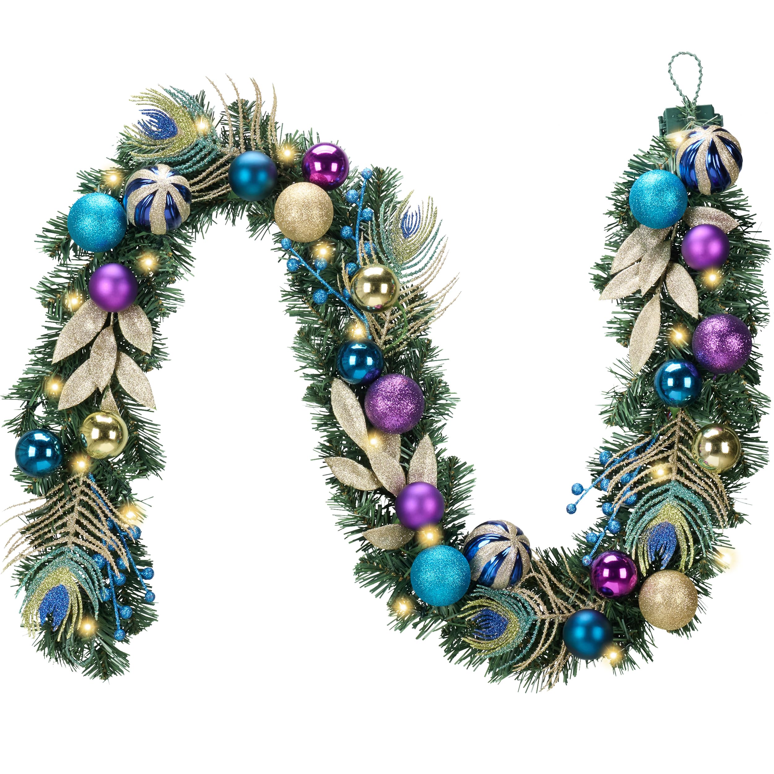 Valery Madelyn 6 Feet Pre-Lit Christmas Garland with Lights for Mantle, Lighted Outdoor Xmas Garland with Peacock Feather & Balls for Home Stairs Fireplace Table Centerpiece Indoor Holiday Party Decor