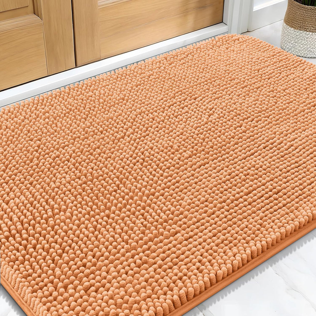 OLANLY Dog Door Mat - Absorbent Non-Slip Washable Doormat for Muddy Paws | 32x20 Inches, Quick Dry Chenille, Orange