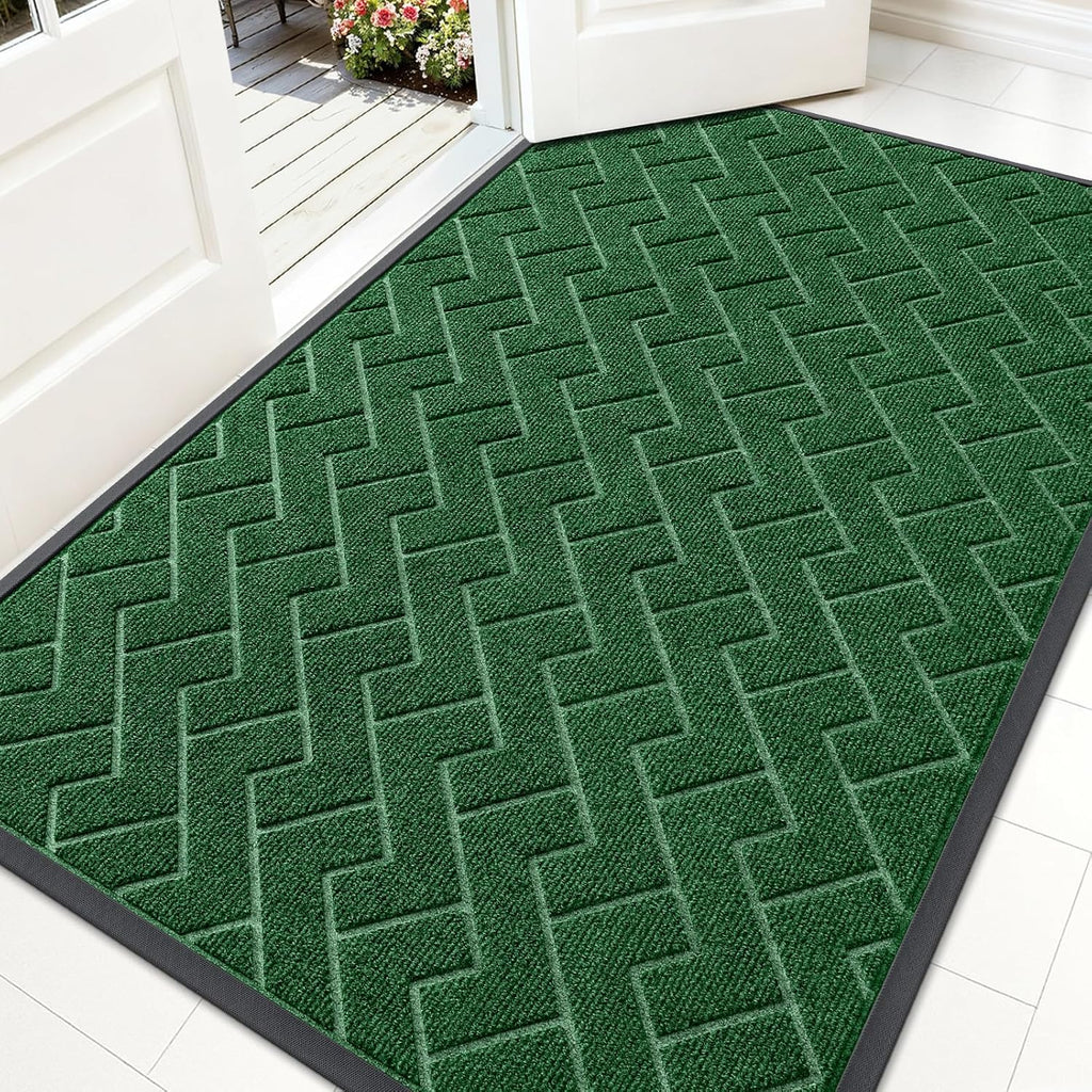 OLANLY Waterproof All-Season Front Door Mat - Sturdy Natural Rubber, Easy Clean Herringbone Design (Green, 59x35)