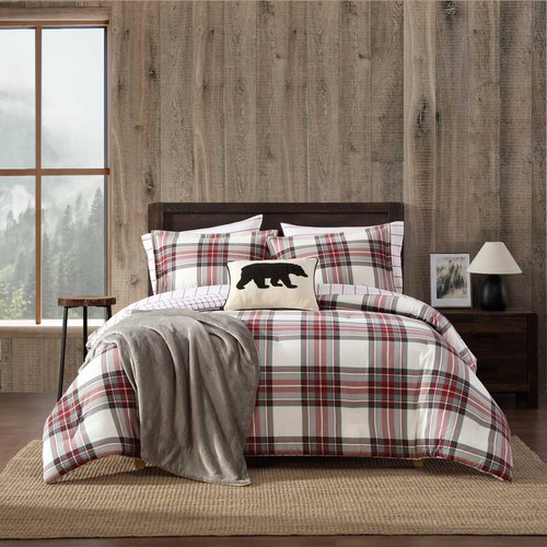 Eddie Bauer - Twin Comforter Set, Naturally Soft Cotton Flannel Bedding w/Matching Pillowcase, Medium Weight for Year Round Use, 2 Piece Bed Sets (Serendipity Plaid Red)