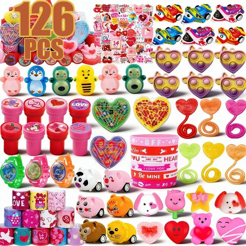 126 PCS Valentines Party Favors Toys Assortment Set for Kids Students, Valentine's Day Treats School Classroom Gift Exchange Goodie Bag Stuffers Prizes Rewards Bulk, Goody Bags Basket Party Supplies