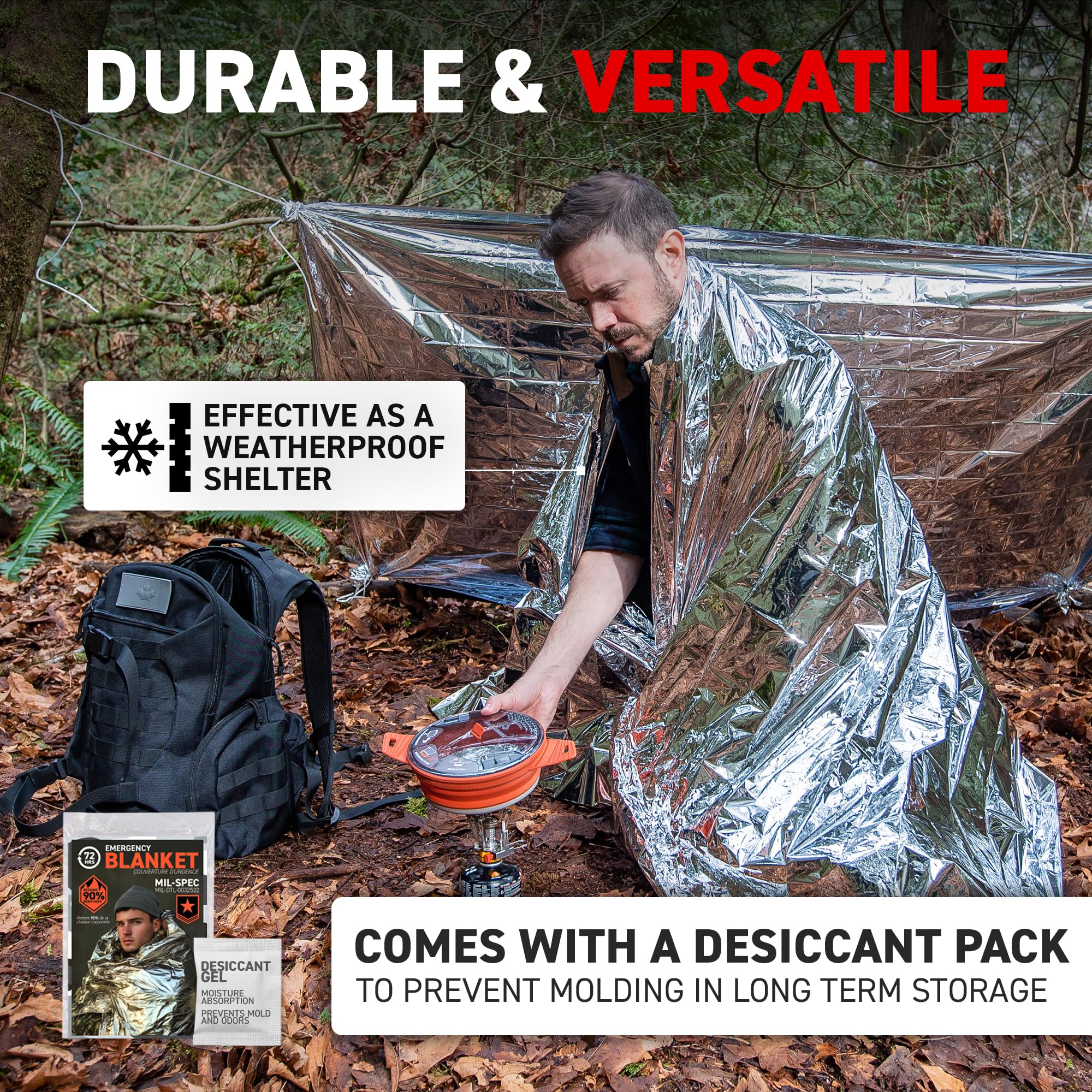 72 HRS Large Emergency Mylar Space Blankets 120-Pack, MIL-SPEC 54″ × 88″ Thermal Survival Foil – Retains 90% Body Heat, Waterproof Reflective Blanket for Camping, Hiking, Marathon, First Aid