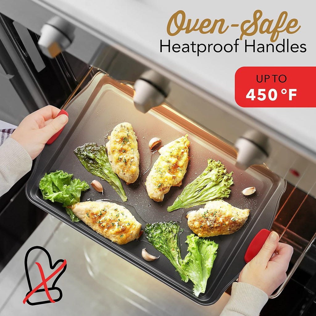 Skiennix Baking Sheet Set - 2-Piece Large Nonstick Cookie Sheets with Silicone Handles | BPA-Free Steel Pans