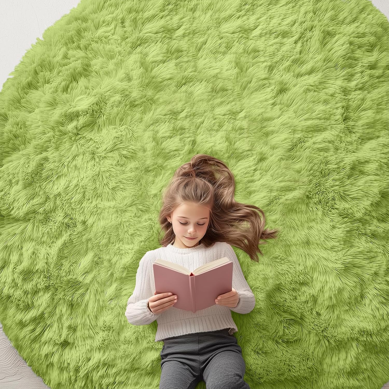 OLANLY Round Grass Green Area Rug - Soft, Fluffy, Machine Washable 7 ft Circle Carpet for Bedrooms & Nurseries