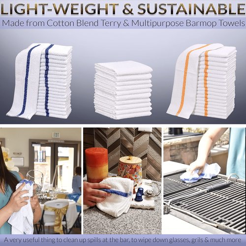 GOLD TEXTILES 60 PC New Cotton Blend White Restaurant Bar Mops Kitchen Towels 28oz (5 Dozen) (60, Blue Stripe)