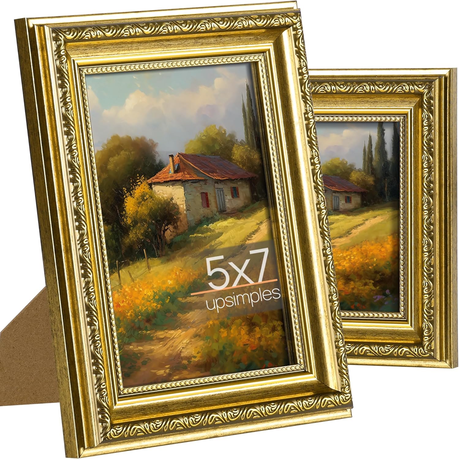 Upsimples 5x7 Picture Frame - Ornate Vintage Design with Real Glass | Gold, 2 Pack for Wall Decor