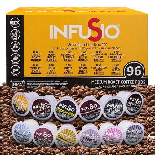 InfuSio Coffee Pods Variety Pack - 96 Count | Premium Medium & Dark Roast Blends for Keurig K-Cup 2.0
