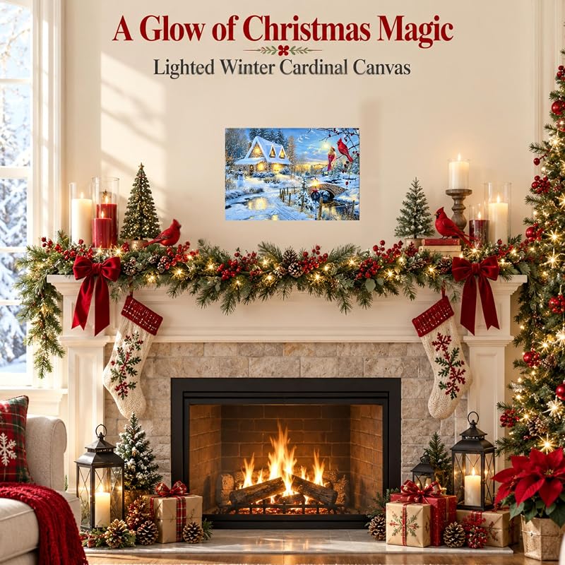 LED Wall Art - Snowy Cottage Scene with Cardinal birds, Snowman & Bridge (Variation 1) 11.75" x 15.75"