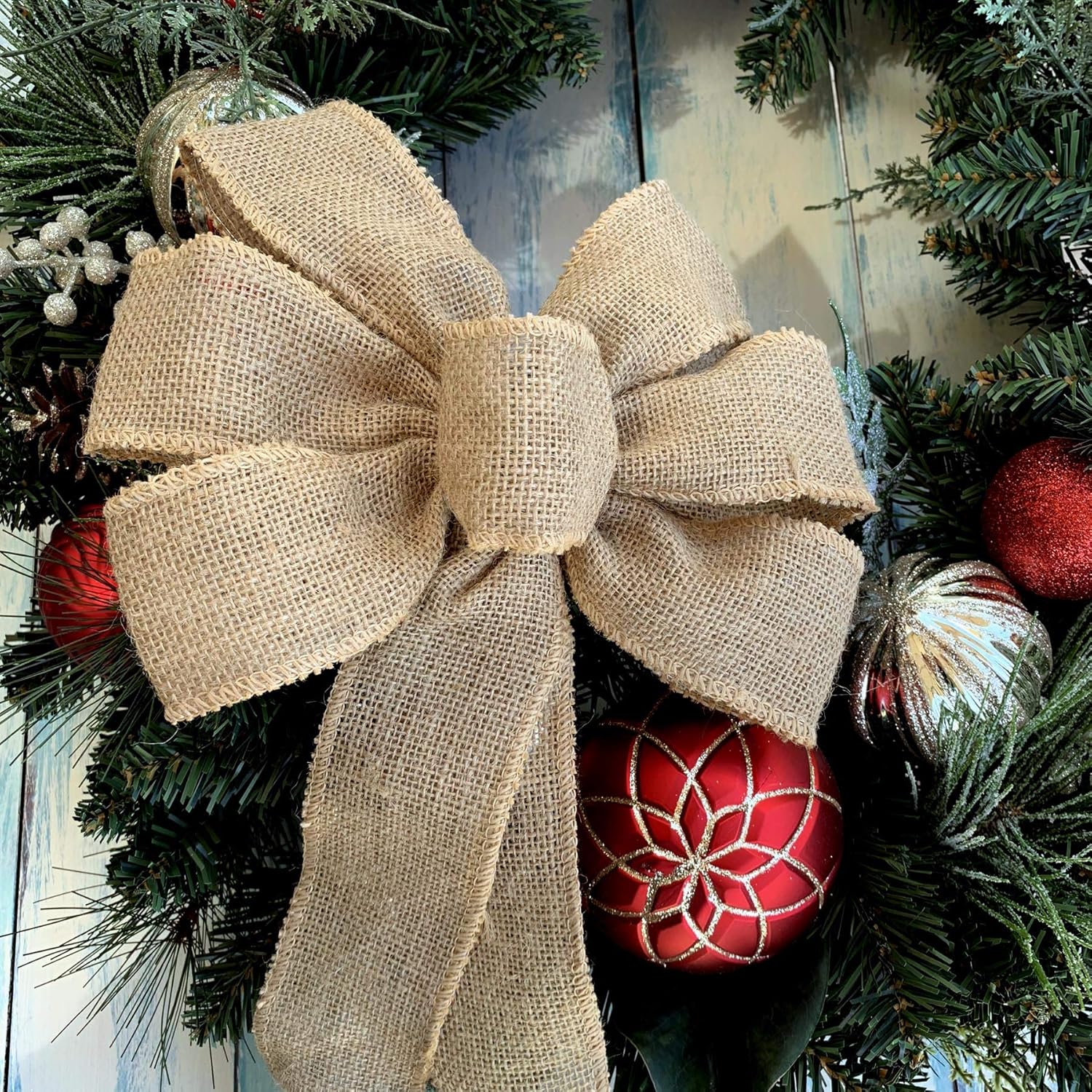 Natural Burlap Ribbon Wreath Bow - 10" Wide with 18" Long Tails for Year-Round Decor
