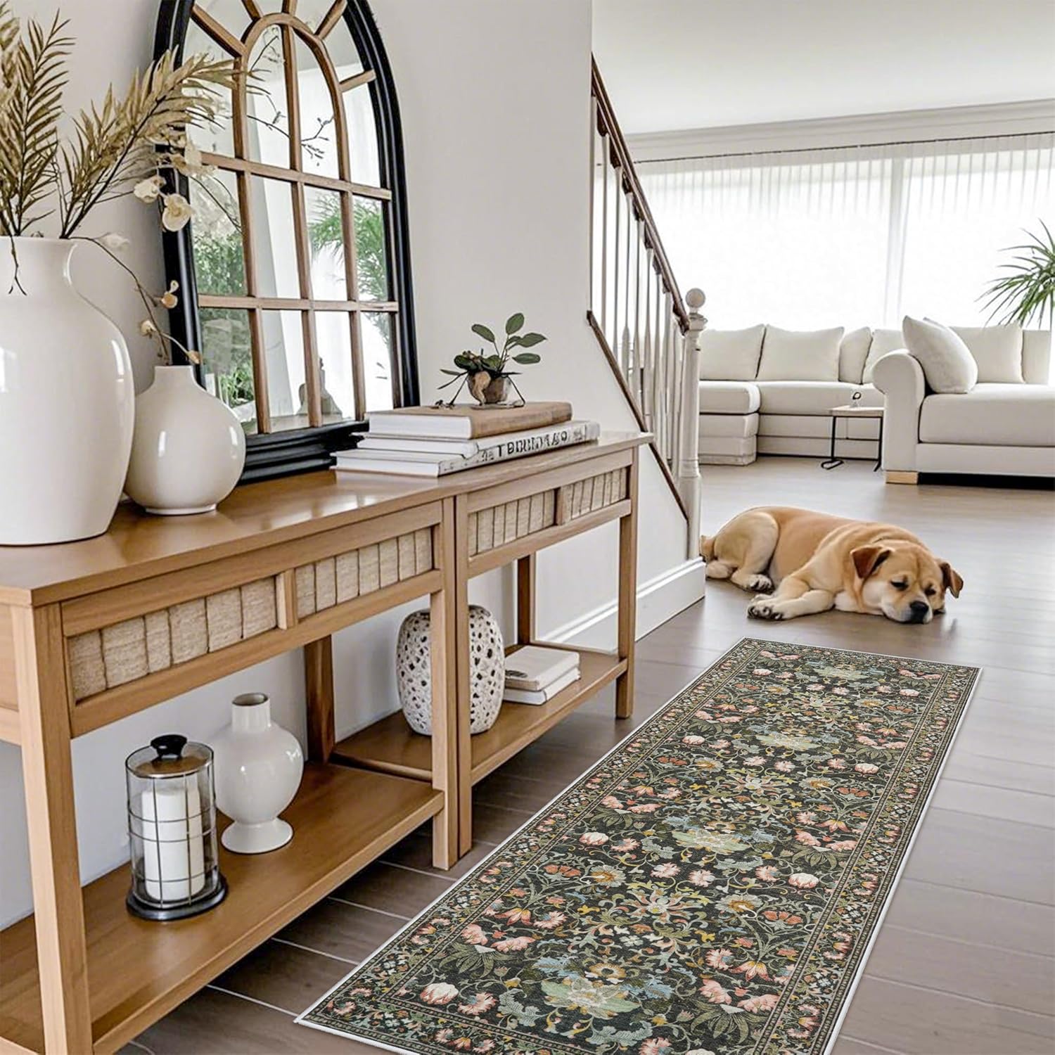 Skiennix Vintage Floral Hallway Runner Rug - Washable, Non-Slip, Water Resistant | 2x6, Green