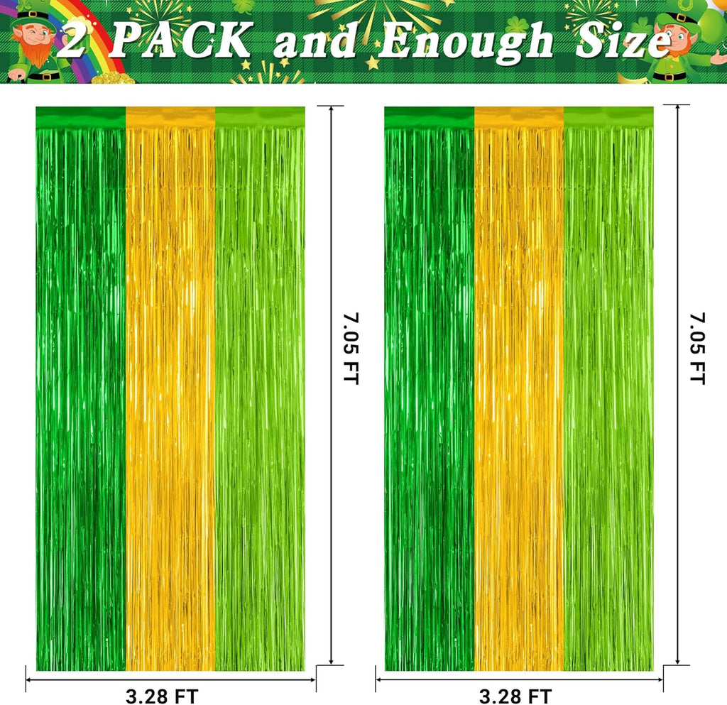 St. Patrick's Day Party Decorations - 2 Pack Green & Gold Backdrop Curtains | 3.28 FT x 7.05 FT Tinsel Streamers