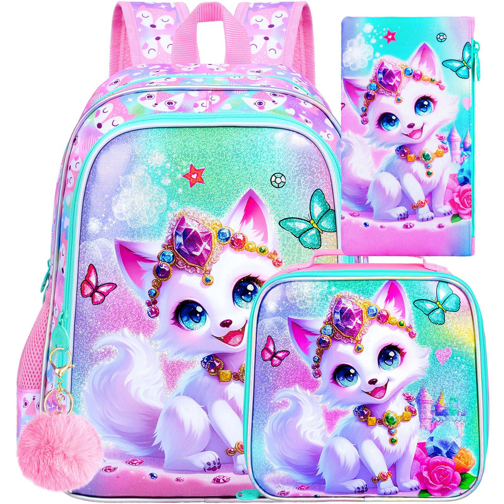 ZLYERT 16" Fox Backpack for Girls, 3Pcs Kids Bookbag for Elementary Preschool Kindergarten, School Backpacks with Lunch Box(Pink)