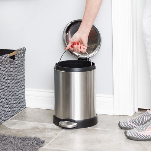 Glad Small Trash Can, 1.2 Gallon | Round Stainless Steel Garbage Bin with Soft Close Lid & Step Foot Pedal | Metal Waste Basket with Removable Inner Bucket, Stainless, 8 x 9.5 x 12 inches