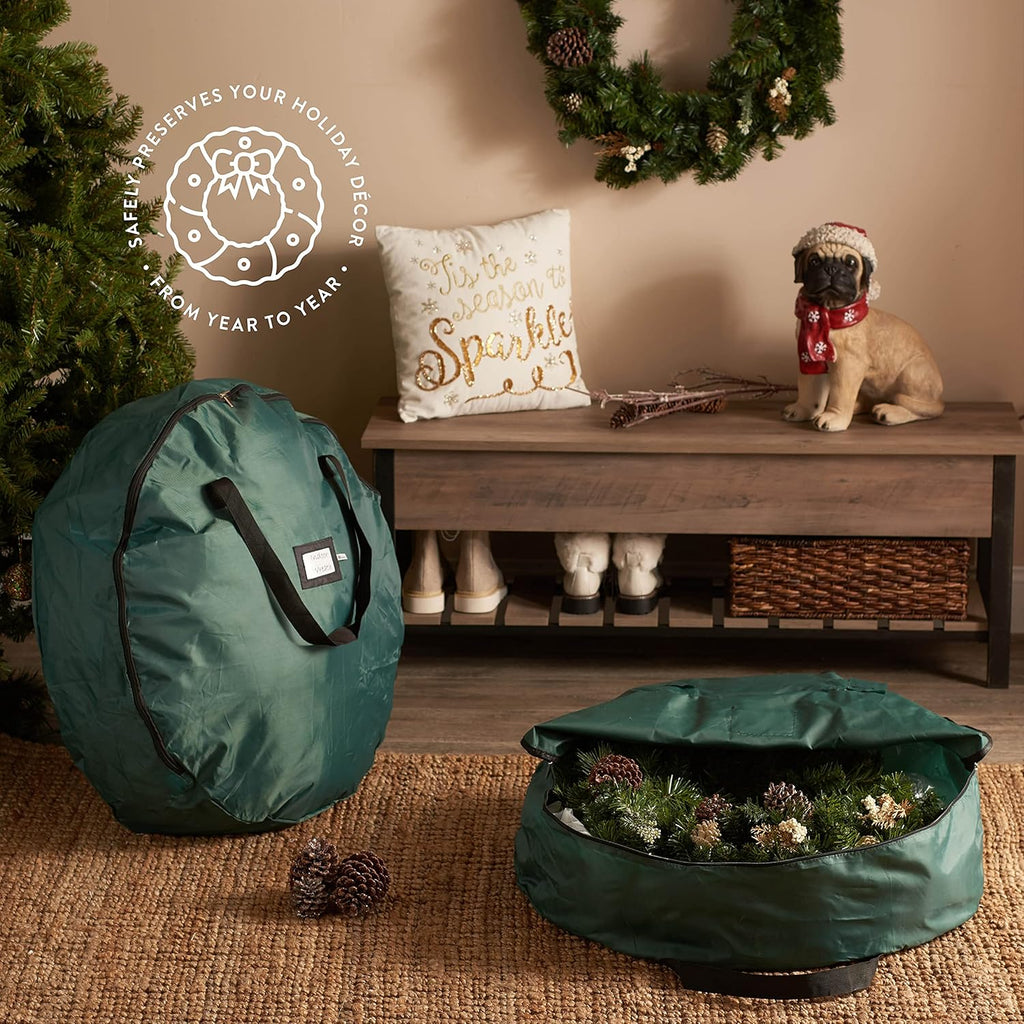 ZOBER Oxford Christmas Wreath Storage Container - 48 Inch Waterproof Bag with Dual Zippers & Durable Handles - Green