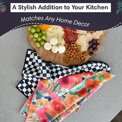 crae. Microfiber Hand Towel & Washcloth Set of 2 - Double-Sided, Waffle Weave, Super Absorbent, Lint-Free, Fast Drying - for Bathroom, Kitchen, Car, and Window Cleaning (Pia & Fonnie - Black/Pink)