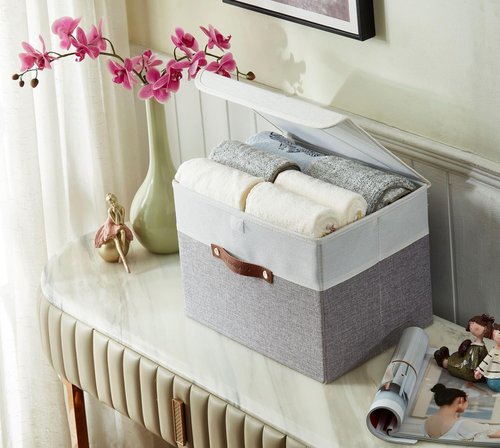 DECOMOMO Fabric Storage Bins - Stylish Grey & White Baskets with Lids | 3-Pack for Organized Shelves