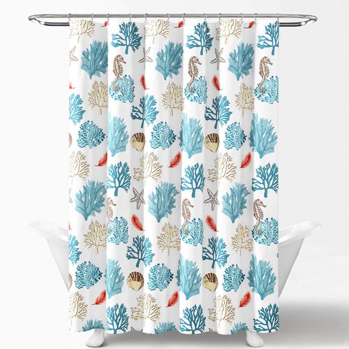 Lush Decor Coastal Reef Feather Shower Curtain, 72" W x 72" L, Blue & Coral - Coastal Shower Curtain - Fabric Curtains - Ocean Bathroom Decor - Beach House - Beachy Room