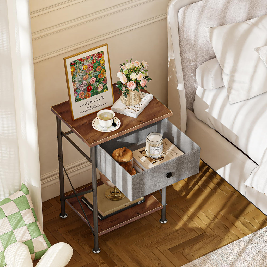 VECELO End Tables, Modern Nightstands with Drawer & Open Shelf, Side Table for Bedroom Living Room, Industrial Metal Frame, Easy Assembly, Rustic Brown,1 Pack