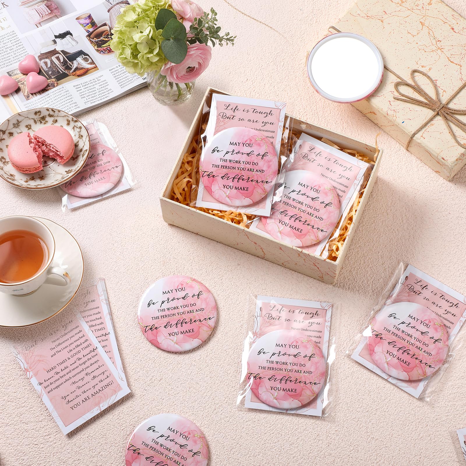 Cinnvoice 25 Sets Pink Mother's Day Mirror Gifts Inspirational Mini Compact Mirror Bulk for Women Small Round Pocket Makeup Gifts for Graduation Secretary Teacher Nurse (May You)