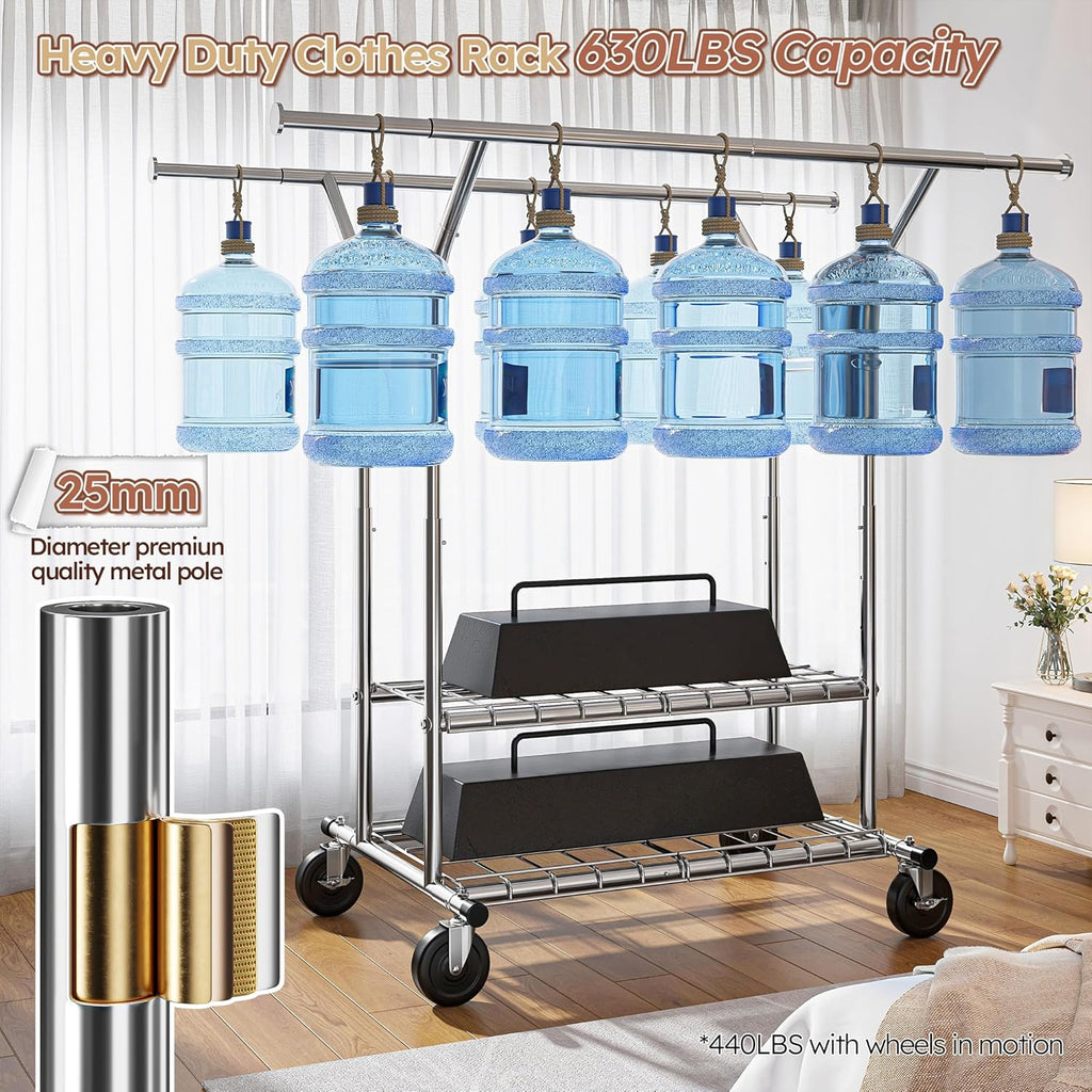 Raybee Heavy-Duty Clothing Rack - 630 LBS Capacity | Rolling Metal Garment Rack for Closet & Laundry Room