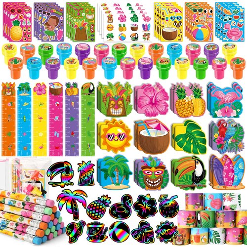 BenLouis 108Pcs Hawaiian Luau Party Favors Aloha Summer Tropical Tiki Theme School Stationery Set Bulk for Kids Beach Pool Birthday Party Goodie Bag Stuffers Classroom Gifts Rewards Pinata Filler