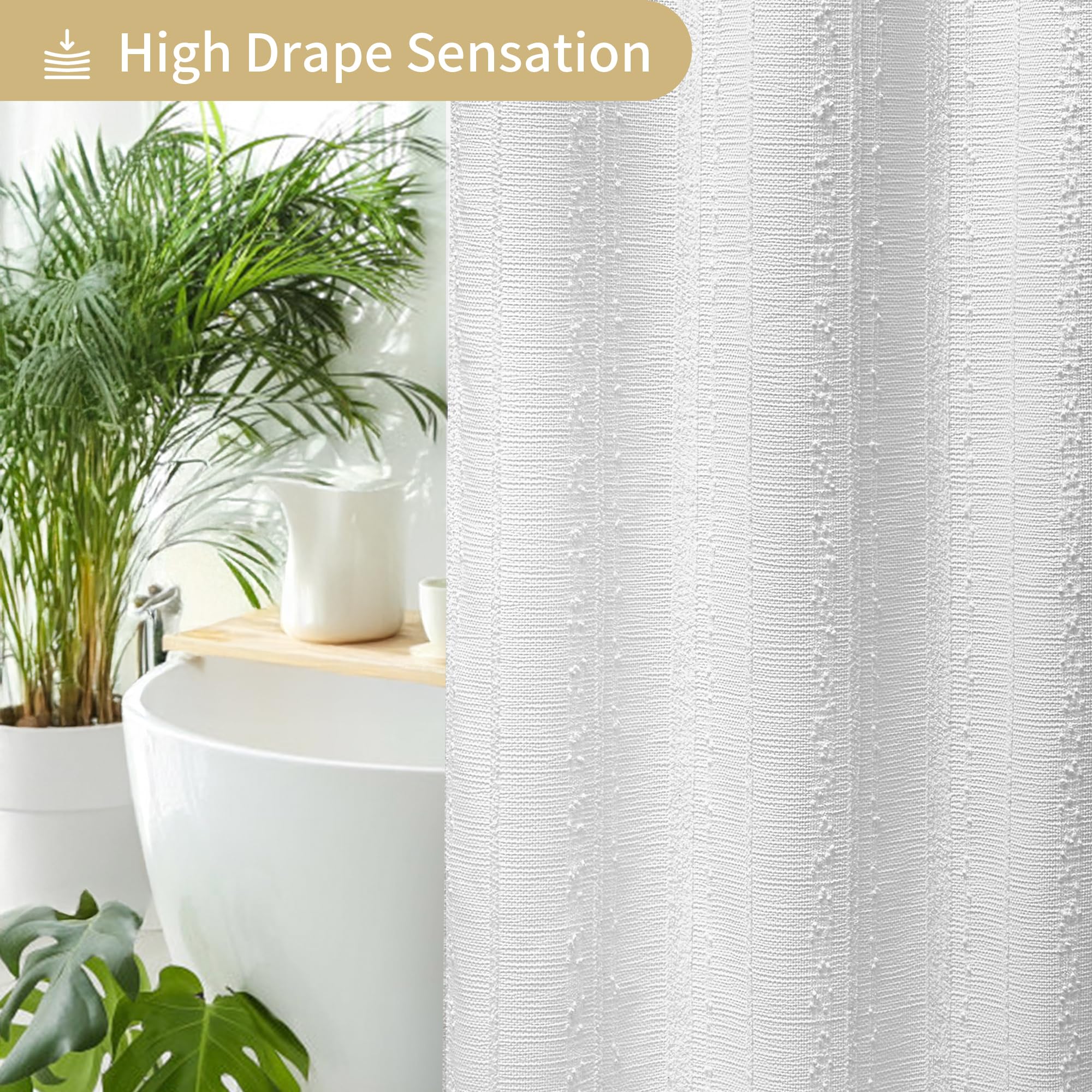 Lameirose White Shower Curtain Boho, Textured Shower Curtain Cotton Blend Waffle Weave Stripe Fabric Shower Curtains for Bathroom, Hotel, Washable, 72 x 72
