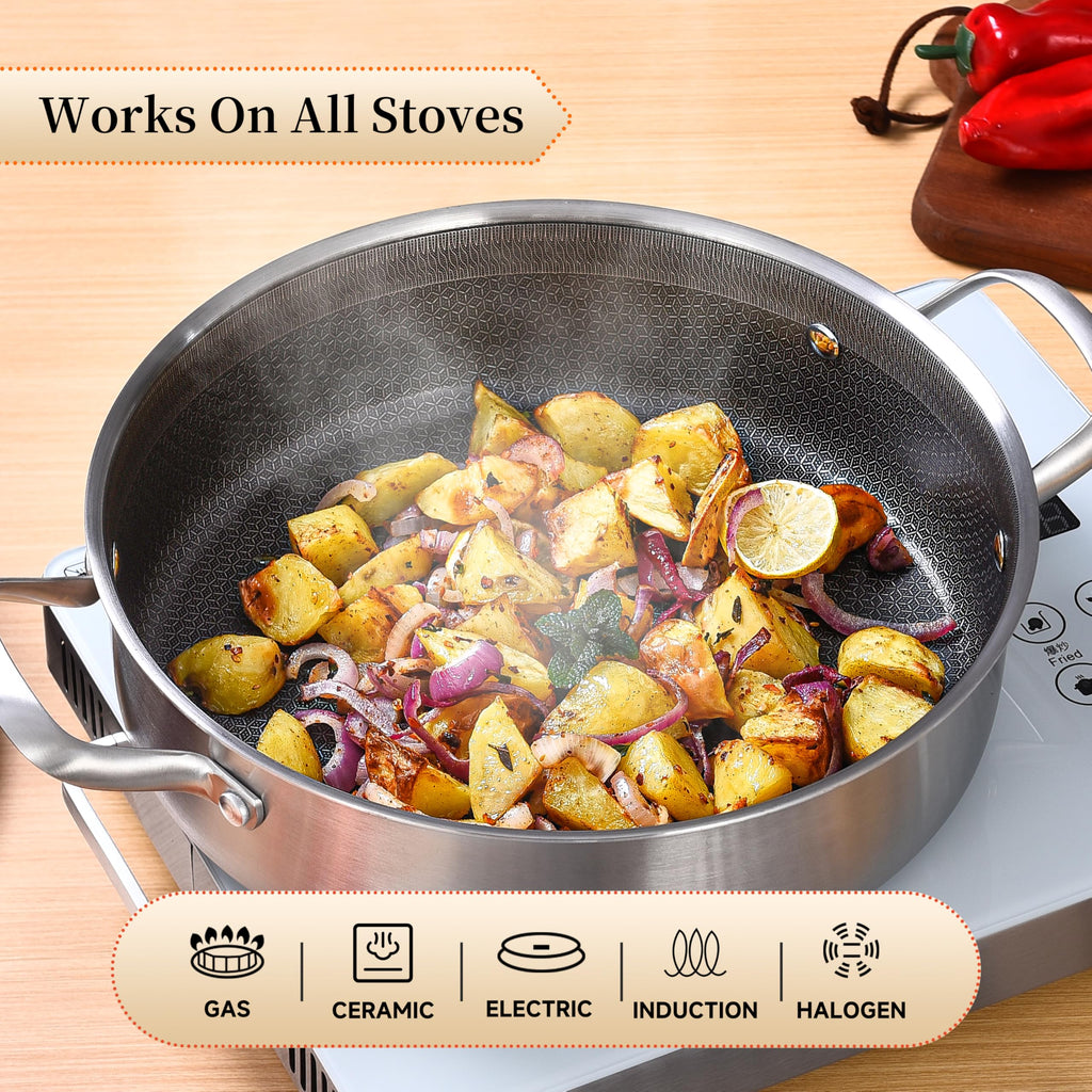 Inqibee 6 QT Hybrid Nonstick Saute Pan with Lid, Tri-Ply Stainless Steel 12 Inch Deep Frying Pan Cookware, Induction Compatible, All Cooktops, Oven & Dishwasher Safe