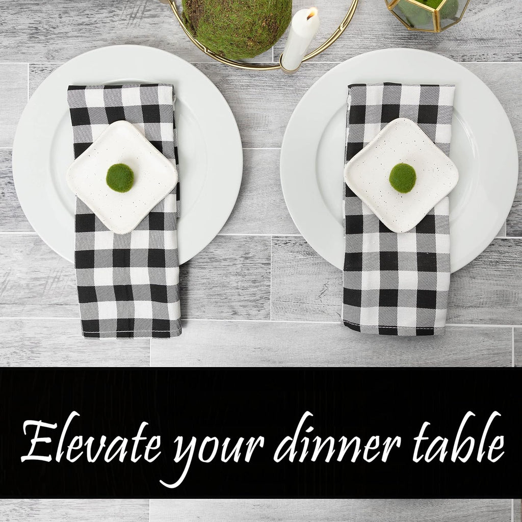 PERLLI Cotton Cloth Napkins - 12 Pack 18x18 Inches | Black and White Plaid Design, Washable & Reusable for Elegant Table Settings