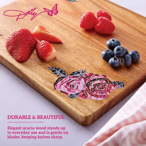 Dolly Parton Acacia Wood Reversible Cutting Board, Rose Print, Gentle on Knives, Ideal for Chopping and Serving, 8 x 10 Inch