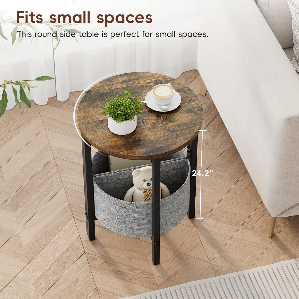 Vagusicc Small Round Side Table, Accent End Table with Storage Basket, Set of 2 Half Round Coffee Table End Table, Half Moon Bedside Table, Modern Nightstand Couch Table for Living Room Bedroom, Brown