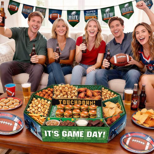 Jyusmile Football Paper Food Tray Kit - 2026 Football Party Supplies, Disposable Food Plates, Snack Bowls, Nacho Trays, Ideal Football Party Decorations and Favors for Birthday & Tailgate Party
