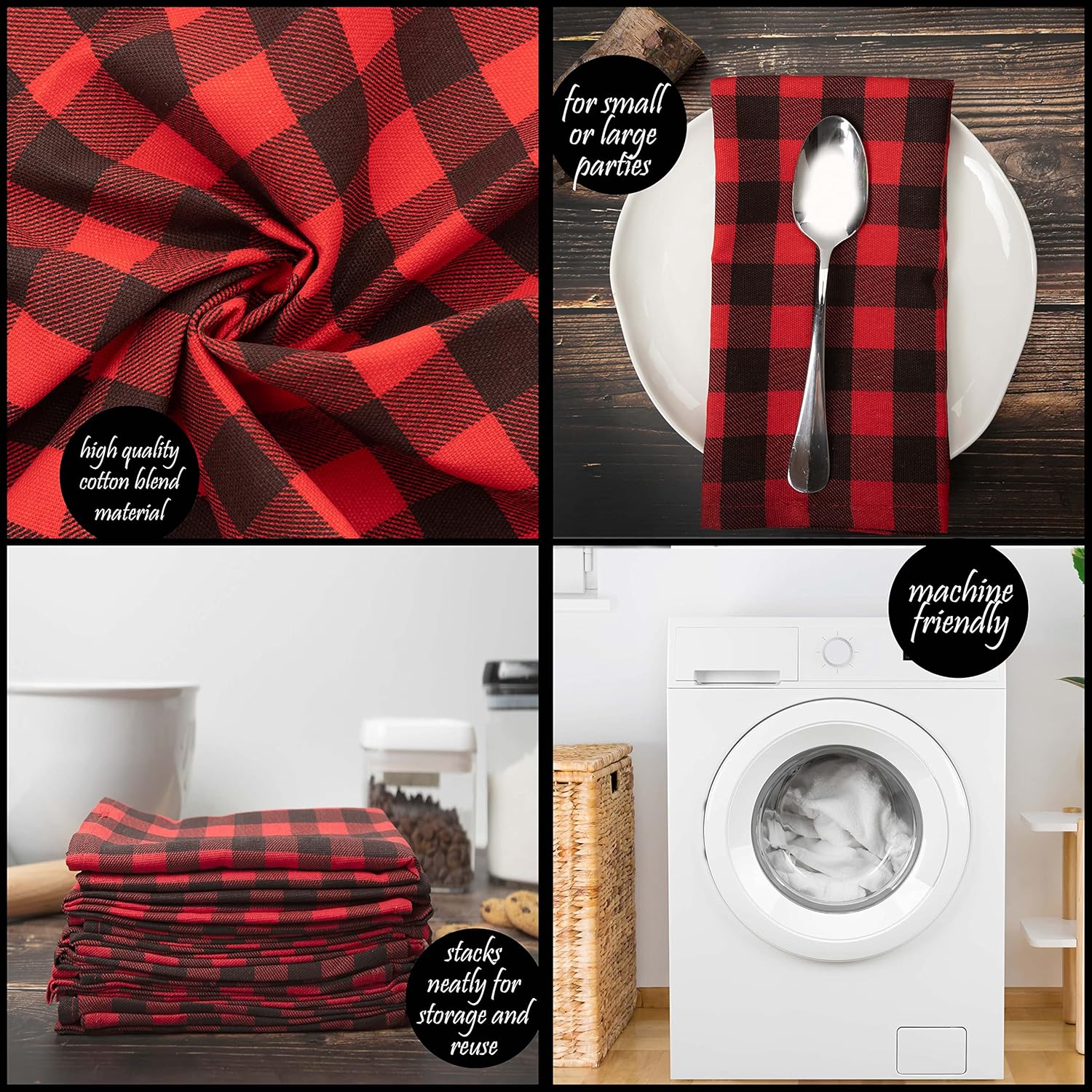 PERLLI Kitchen Cloth Napkins - Buffalo Plaid Red & Black | 12 Pack, 18x18 Inches, 100% Cotton, Washable & Reusable for Holiday Table Decor