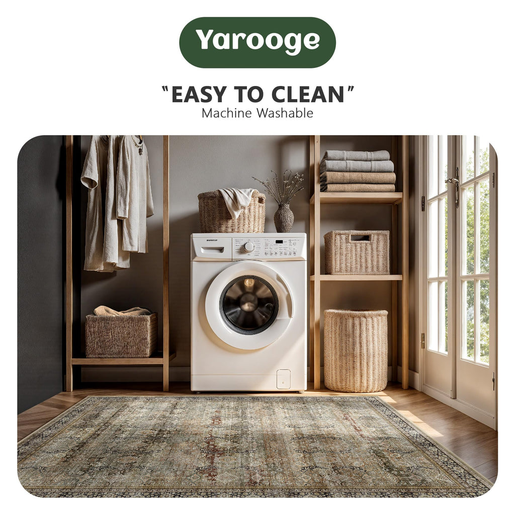 Yarooge 8x10 Area Rugs for Living Room - Washable Vintage Retro Large Rug, Soft Ultra Thin Non Slip Low Pile Traditional Distressed Boho Carpet for Bedroom Dining Room Home Office, Charcoal Olive