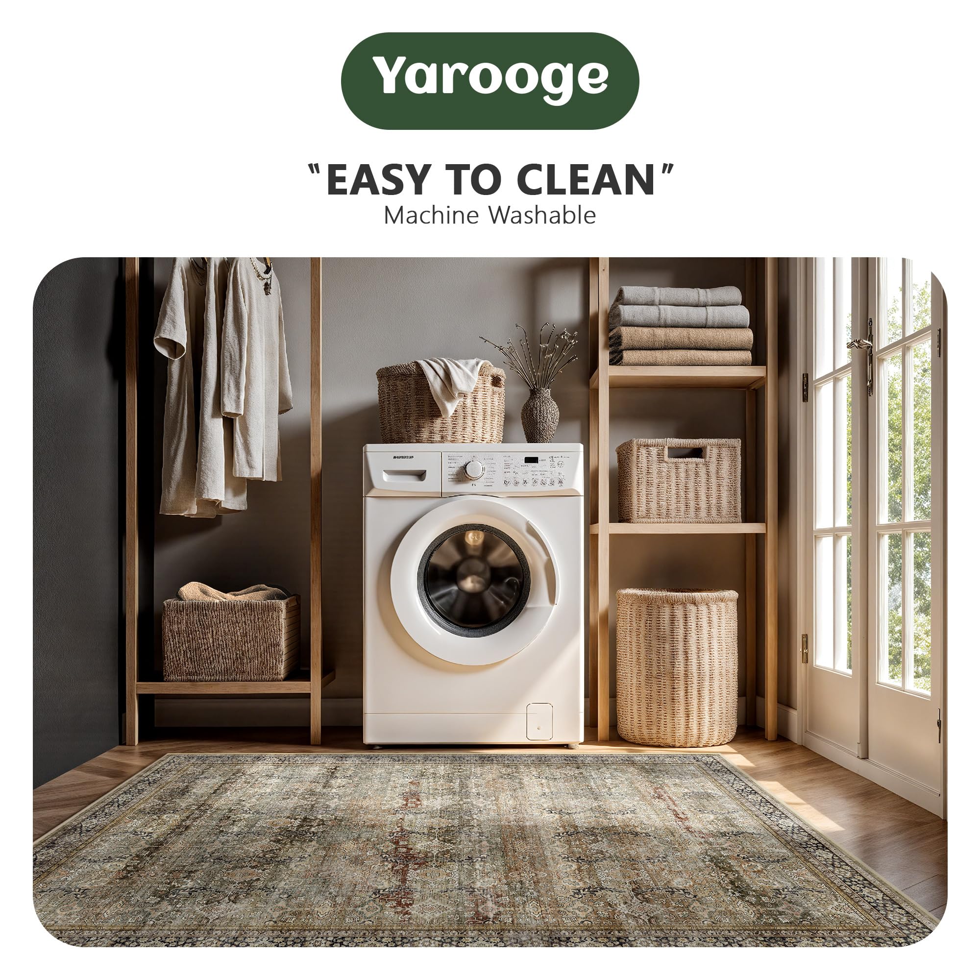 Yarooge 8x10 Area Rugs for Living Room - Washable Vintage Retro Large Rug, Soft Ultra Thin Non Slip Low Pile Traditional Distressed Boho Carpet for Bedroom Dining Room Home Office, Charcoal Olive