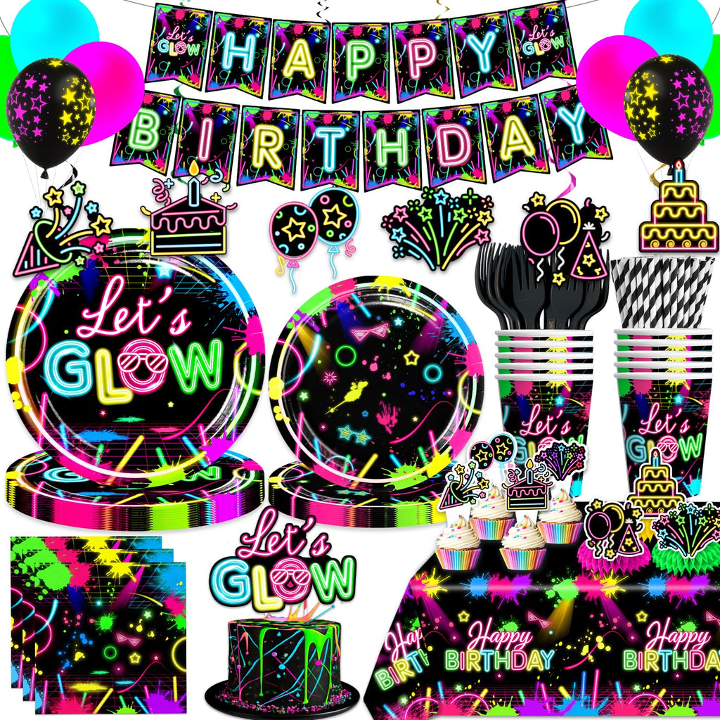 wellspar 205pcs Neon Birthday Party Decorations-Serves 25, All-in-one Glow Party Decorations with 350gsm Plate, Cake Topper, Tablecloth, Centerpiece, Banner, Hanging Swirls, Balloon