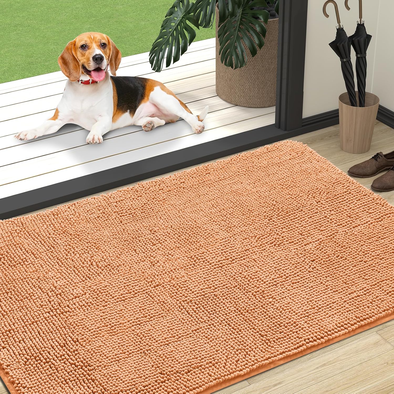 OLANLY Dog Door Mat - Absorbent Non-Slip Mud Mat for Dogs | Quick Dry Chenille | 59x35 Inches | Orange