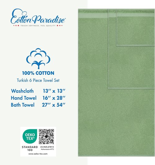 Cotton Paradise 6-Piece Towel Set - 100% Soft Absorbent Turkish Towels in Sage Green