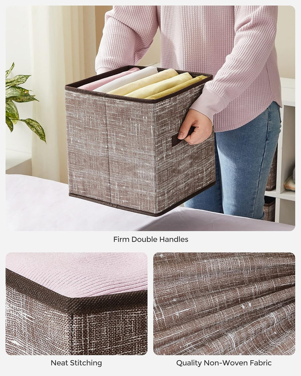 SONGMICS Storage Cubes - 11-Inch Foldable Non-Woven Fabric Bins with Double Handles | Set of 6 in Walnut Color